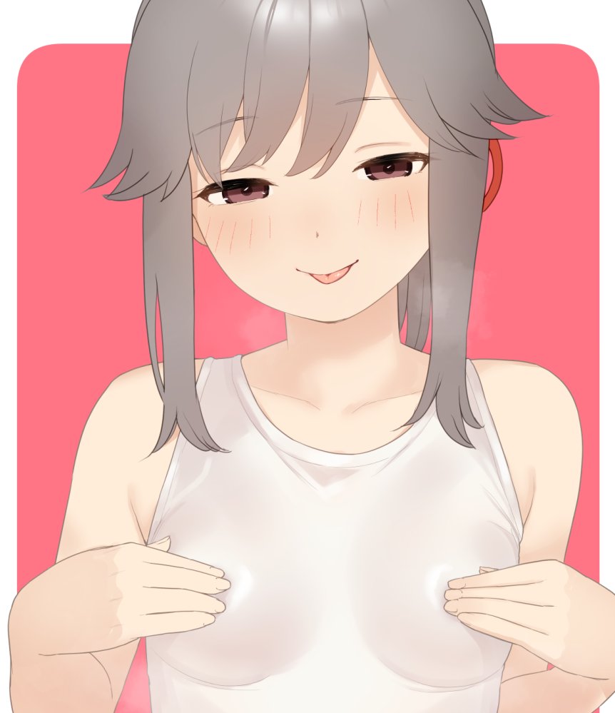 1girl, blush, breasts, brown_eyes, commentary_request, covering_nipples, covering_privates, grey_hair