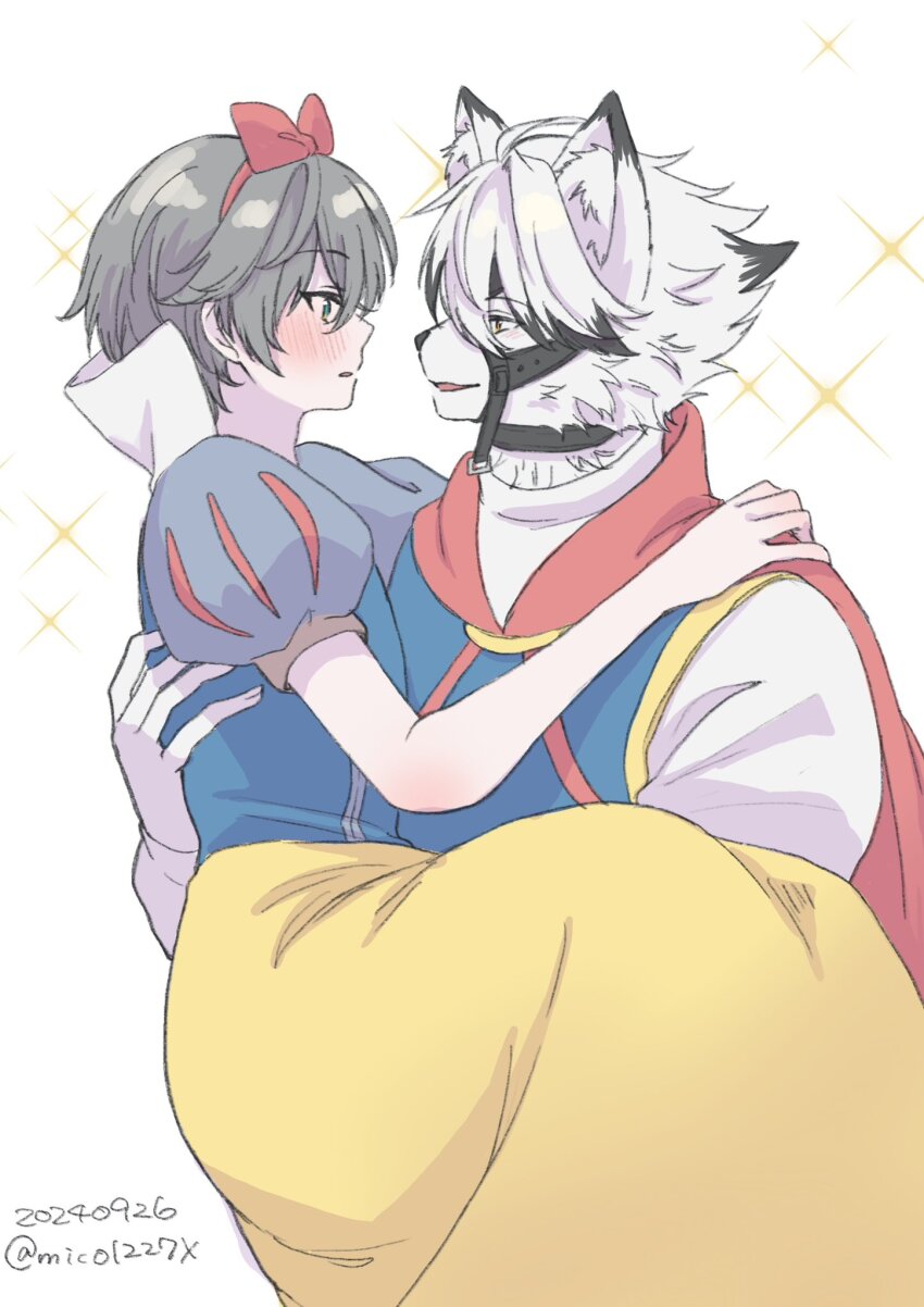 2boys, black_hair, blush, bow, cape, carrying, carrying_person, colored_tips, commentary_request, cosplay, crossdressing, crossdressing_(mtf), disney, dress, eye_contact, furry, furry_male, grey_hair, hair_bow, high_collar, highres, interspecies, juliet_sleeves, long_sleeves, looking_at_another, male_focus, mico1227x, multicolored_hair, multiple_boys, parted_lips, prince_charming_(disney), prince_charming_(disney)_(cosplay), princess_carry, puffy_sleeves, red_bow, red_cape, shirt, short_sleeves, smile, snow_white_(disney), snow_white_(disney)_(cosplay), snow_white_and_the_seven_dwarfs_(disney), sparkle, turtleneck, twitter_username, vest, von_lycaon, white_background, white_hair, white_shirt, wise_(zenless_zone_zero), yaoi, zenless_zone_zero