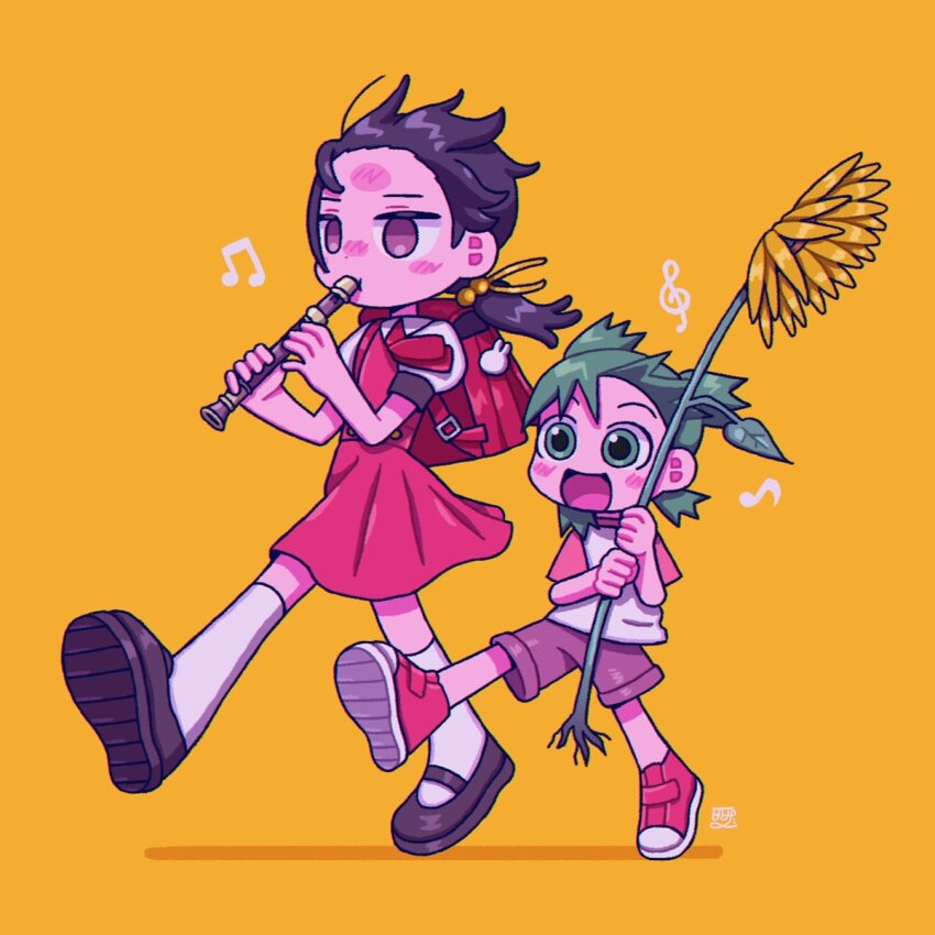 2girls, ascot, backpack, bag, black_hair, black_shoes, brown_eyes, brown_shorts, crossover, dress, floating_hair, flute, green_eyes, green_hair, hair_bobbles, hair_ornament, highres, holding, holding_flute, holding_instrument, instrument, kaai_yuki, koiwai_yotsuba, kyoufuu_all_back_(vocaloid), low_twintails, mary_janes, multiple_girls, music, open_mouth, playing_instrument, raglan_sleeves, ramdaram, randoseru, recorder, red_ascot, red_bag, red_dress, red_shoes, shirt, shoes, shorts, socks, twintails, vocaloid, white_shirt, white_socks, yellow_background, yotsubato!