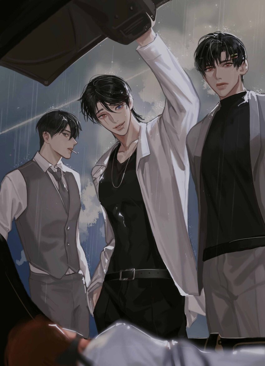 4boys, belt, black_belt, black_eyes, black_hair, black_pants, black_shirt, blue_eyes