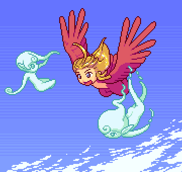 3girls, akai_(ugokashitari), aliasing, blonde_hair, feathers, flying, harpy, harpy_(akai)