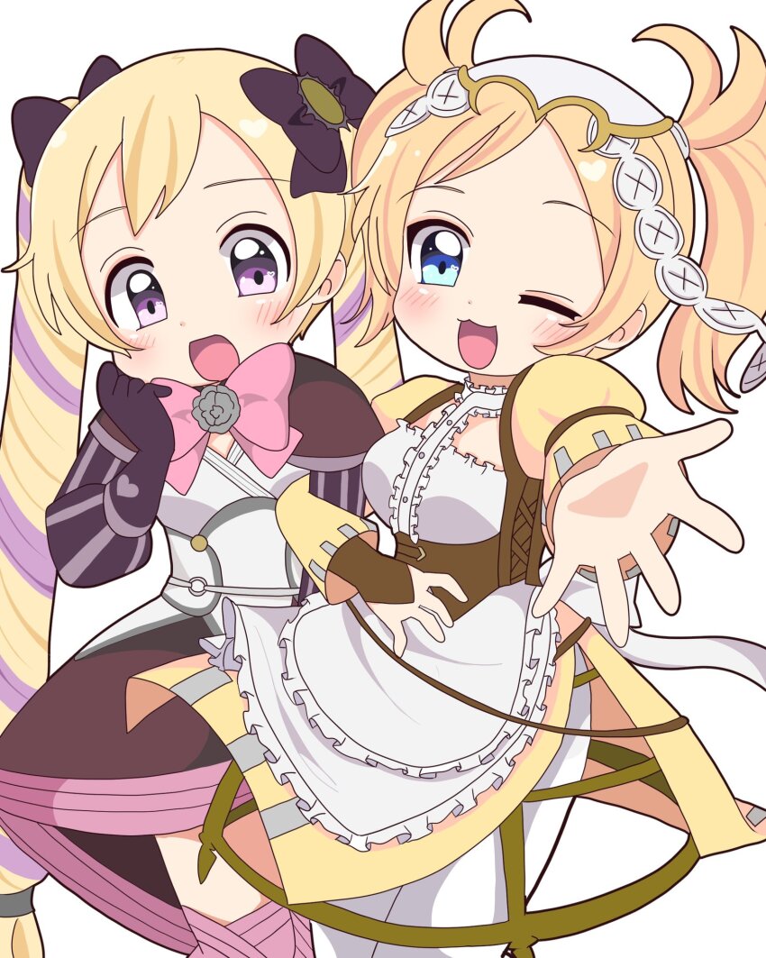 2girls, blonde_hair, blue_eyes, commentary, dress, drill_hair, elise_(fire_emblem), english_commentary