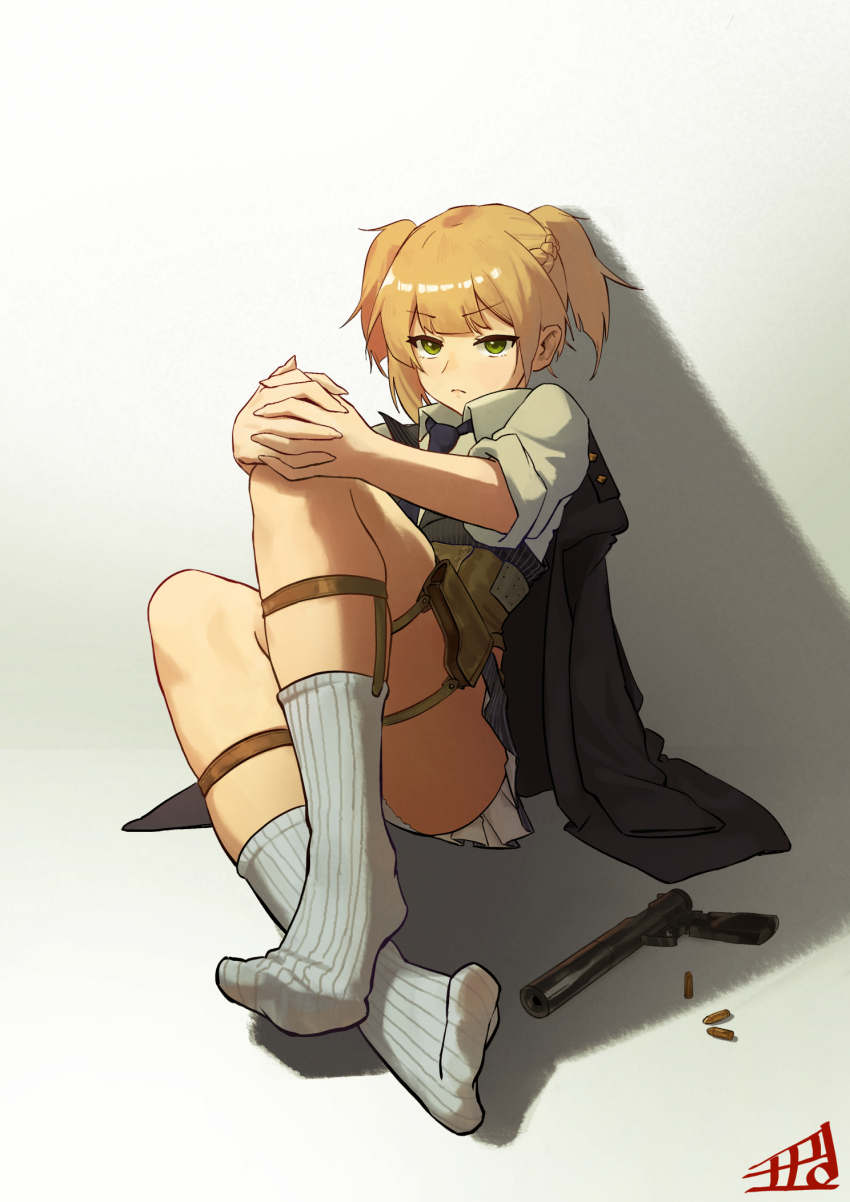 1girl, asymmetrical_hair, black_jacket, black_necktie, blonde_hair, bolt_action, brown_corset, closed_mouth