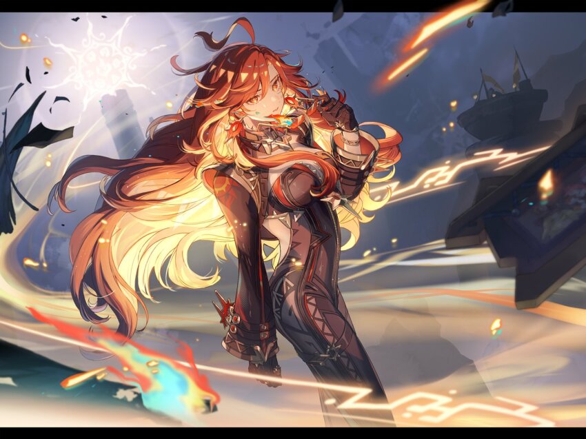 1girl, black_gloves, breasts, commentary_request, feet_out_of_frame, genshin_impact, gloves, guest_art