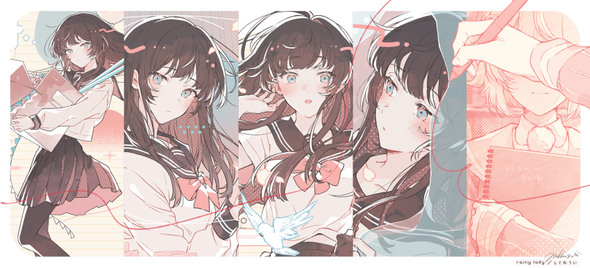 2girls, artist_name_(singer), bird, black_hair, black_pantyhose, black_skirt, blush, box