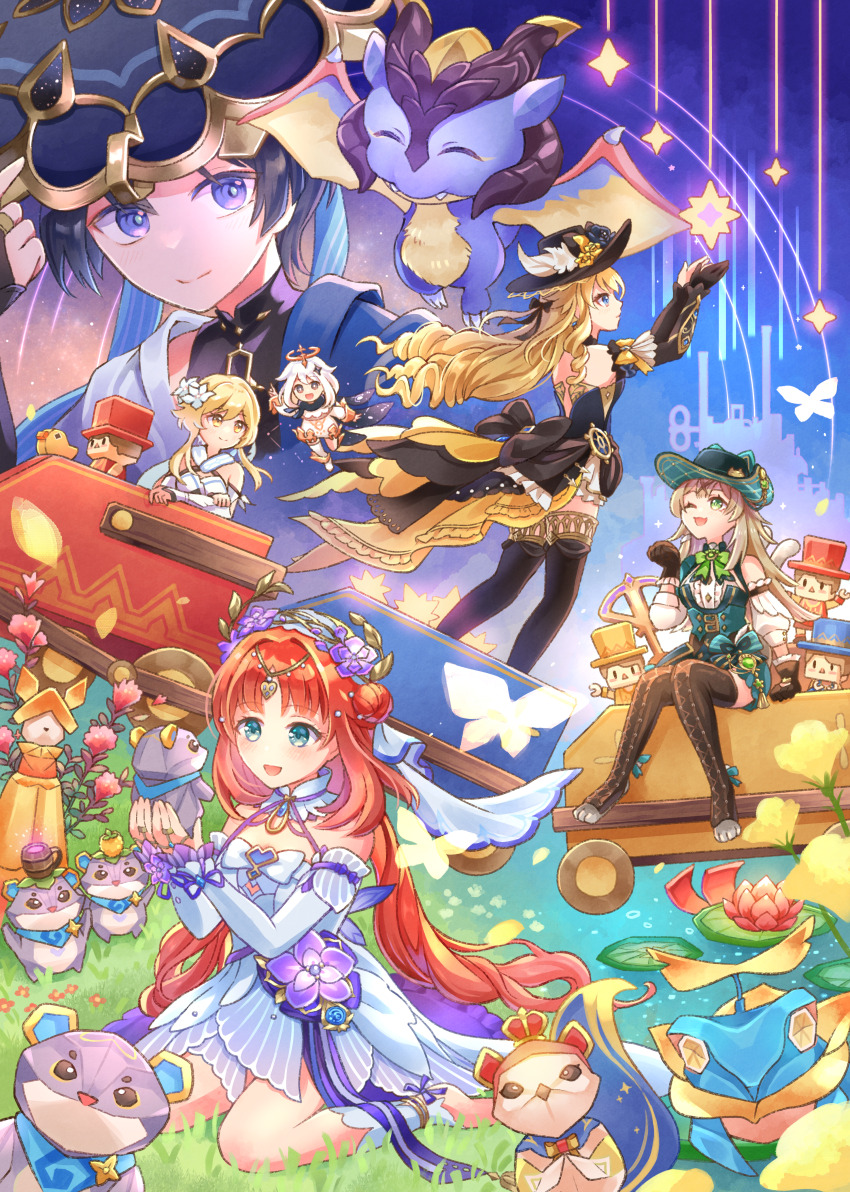 1boy, 5girls, :d, ;d, absurdres, adjusting_clothes, adjusting_headwear, animal