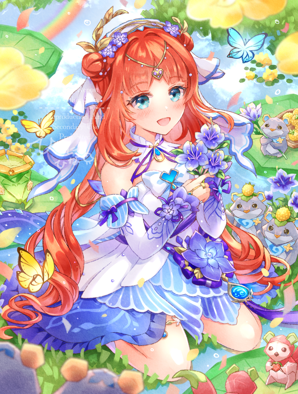 1girl, :d, aqua_eyes, bare_shoulders, berry, blue_butterfly, blue_dress, blue_gem