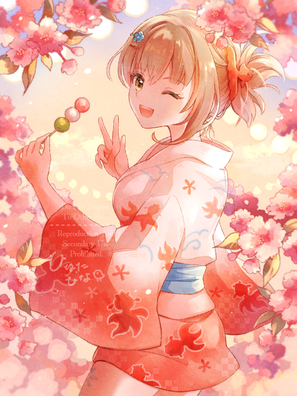 1girl, ;d, alternate_costume, blonde_hair, blue_sash, commentary_request, dango, fish_hair_ornament, flower, food, from_side, genshin_impact, hair_ornament, hands_up, highres, hina_cassiopeia, holding, holding_food, japanese_clothes, kimono, looking_at_viewer, looking_to_the_side, multicolored_kimono, obi, official_alternate_costume, one_eye_closed, open_mouth, pink_flower, red_kimono, sanshoku_dango, sash, short_hair_with_long_locks, smile, solo, teeth, upper_teeth_only, w, wagashi, white_kimono, yellow_eyes, yoimiya_(genshin_impact)