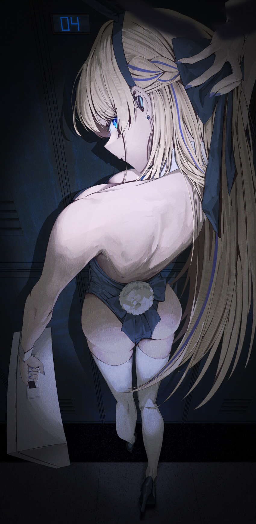 1girl, absurdres, ass, back, bare_shoulders, blonde_hair, blue_archive, blue_bow