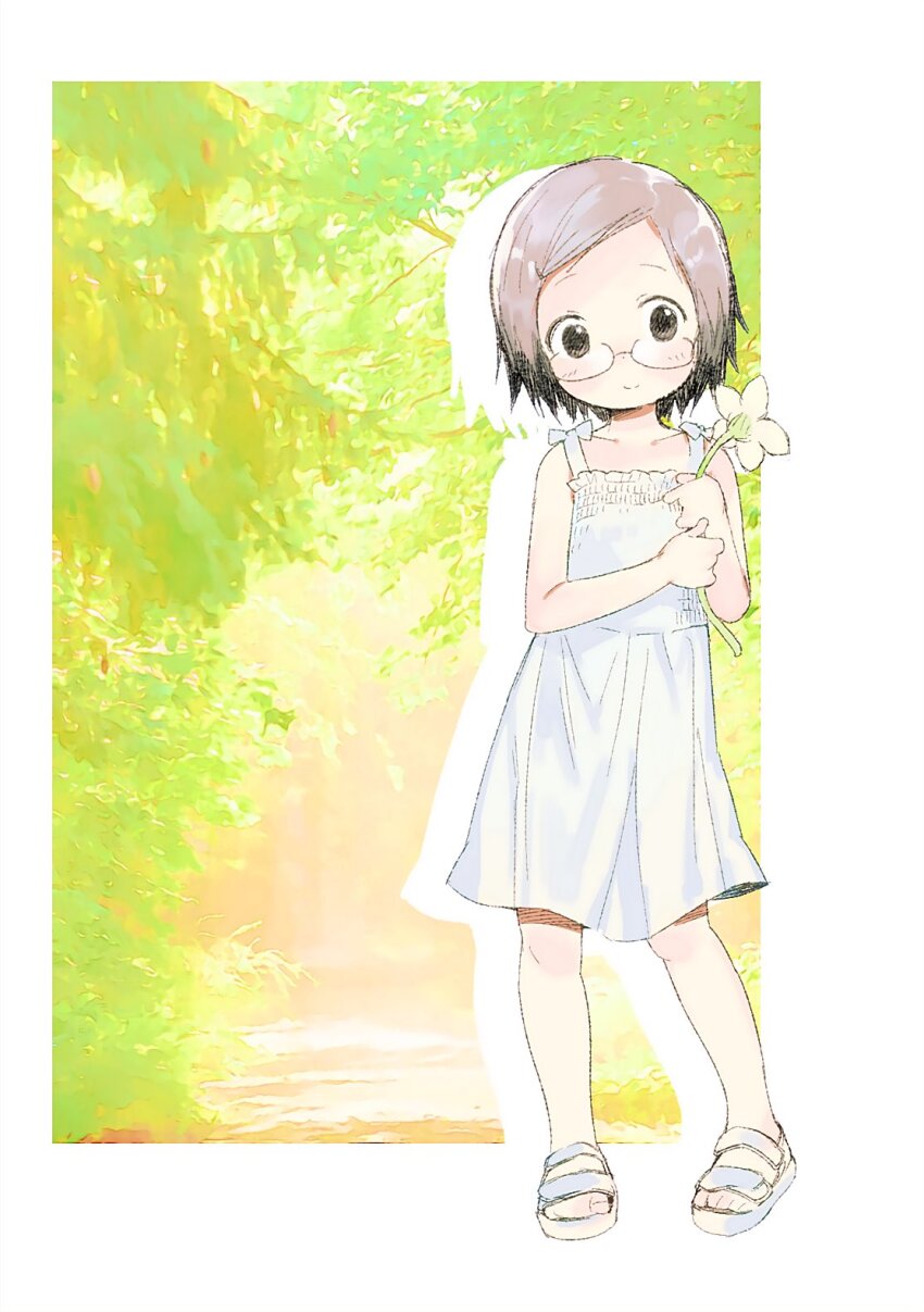 1girl, black-framed_eyewear, black_hair, brown_eyes, child, closed_mouth, collarbone, deezydays, dot_nose, dress, flower, full_body, glasses, grey_hair, highres, holding, holding_flower, ichigo_mashimaro, multicolored_hair, parted_bangs, sakuragi_matsuri, sandals, semi-rimless_eyewear, short_hair, sleeveless, sleeveless_dress, smile, solo, split_mouth, standing, sundress, two-tone_hair, under-rim_eyewear, white_dress, white_flower, white_sandals