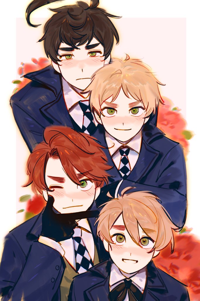 4boys, ahoge, argyle_clothes, axis_powers_hetalia, black_gloves, black_hair, black_ribbon, blonde_hair