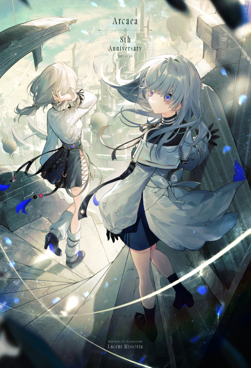 2girls, anniversary, arcaea, back_bow, black_boots, black_dress, black_gloves, black_skirt
