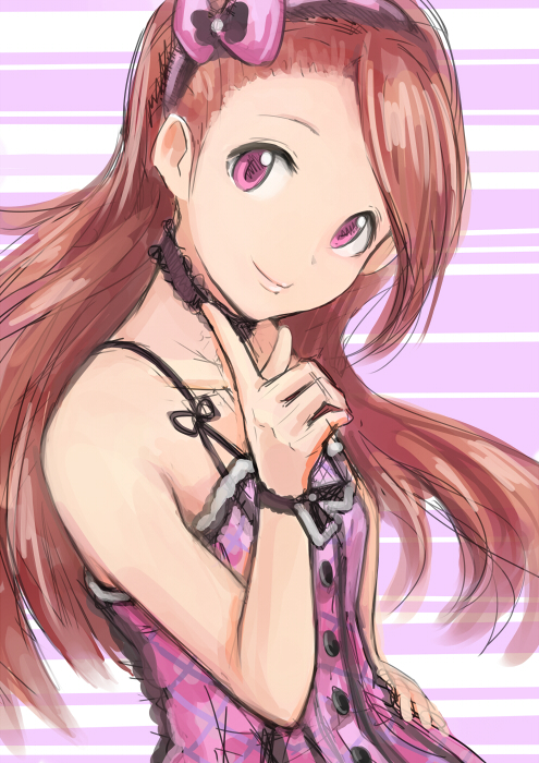 1girl, brown_hair, choker, female_focus, hairband, hand_on_own_hip, hip_focus, idolmaster, idolmaster_(classic), issei, long_hair, looking_at_viewer, minase_iori, purple_eyes, sketch, smile, solo