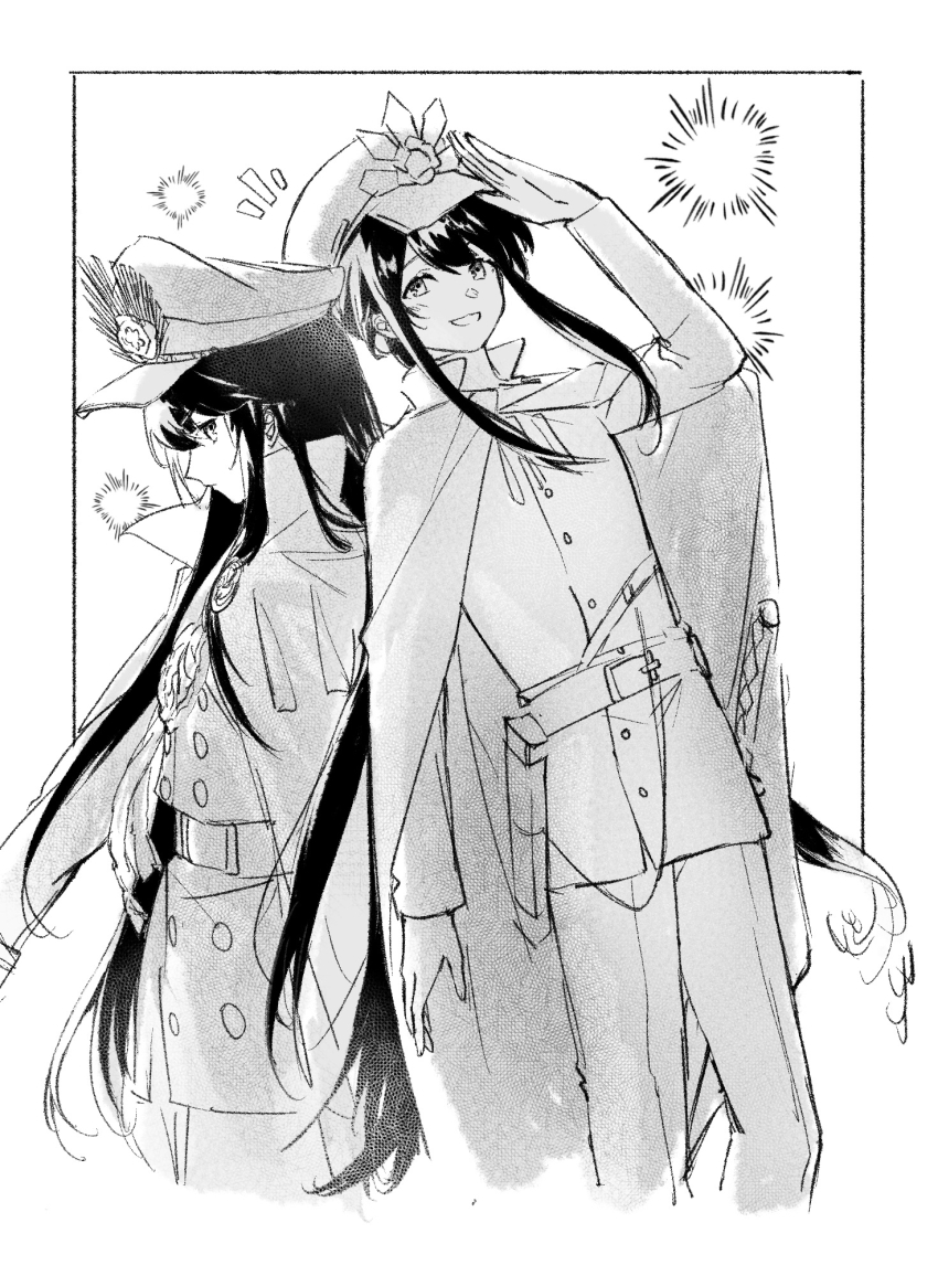 1boy, 1girl, :d, arm_up, backlighting, belt, black_hair, brother_and_sister