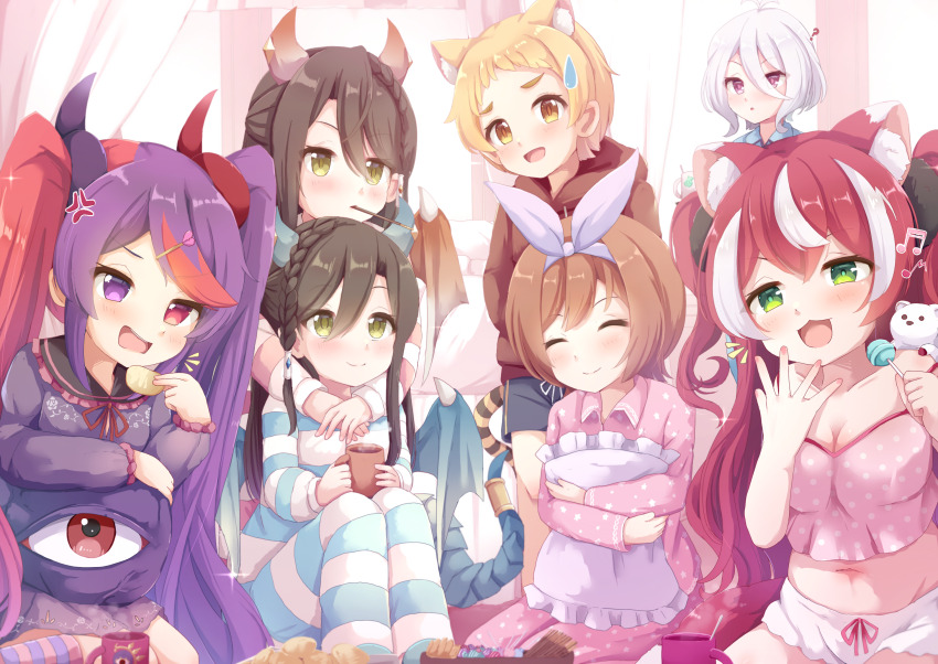 6+girls, candy, chips_(food), cup, eyeball, food, food_in_mouth, fubuki_(princess_connect!)