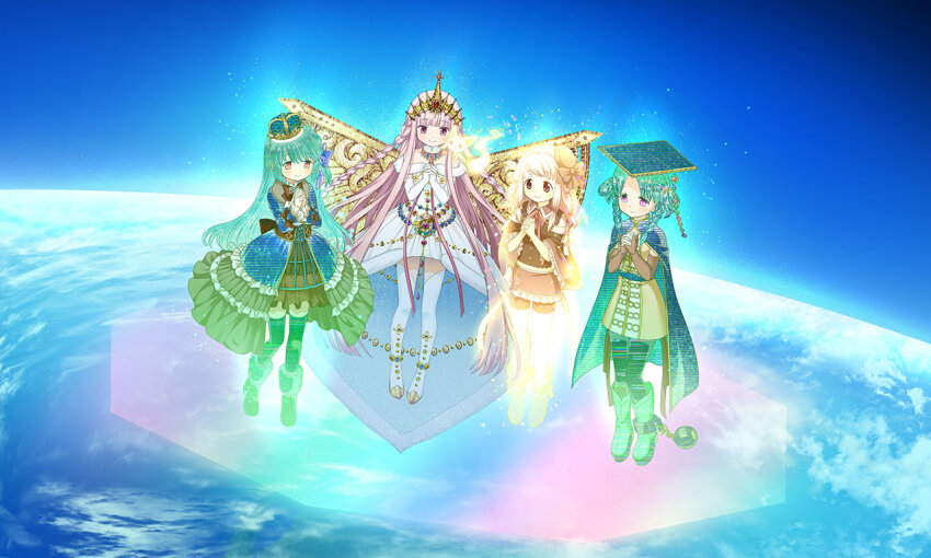 4girls, aqua_hair, black_thighhighs, boots, braid, cape, crown, earth_(planet), game_cg, goth_fashion, gothic_lolita, hat, hiiragi_nemu, hiiragi_nemu_(queen_of_rumors), hiiragi_nemu_(uwasa_queen), hime_cut, infinite_iroha, lolita_fashion, long_hair, magia_record:_mahou_shoujo_madoka_magica_gaiden, magical_girl, mahou_shoujo_madoka_magica, multiple_girls, pink_hair, planet, praying, satomi_touka, satomi_touka_(queen_of_rumors), satomi_touka_(uwasa_queen), shoes, short_hair, small_kyubey, tamaki_iroha, tamaki_ui, thighhighs, twintails, white_thighhighs, wings