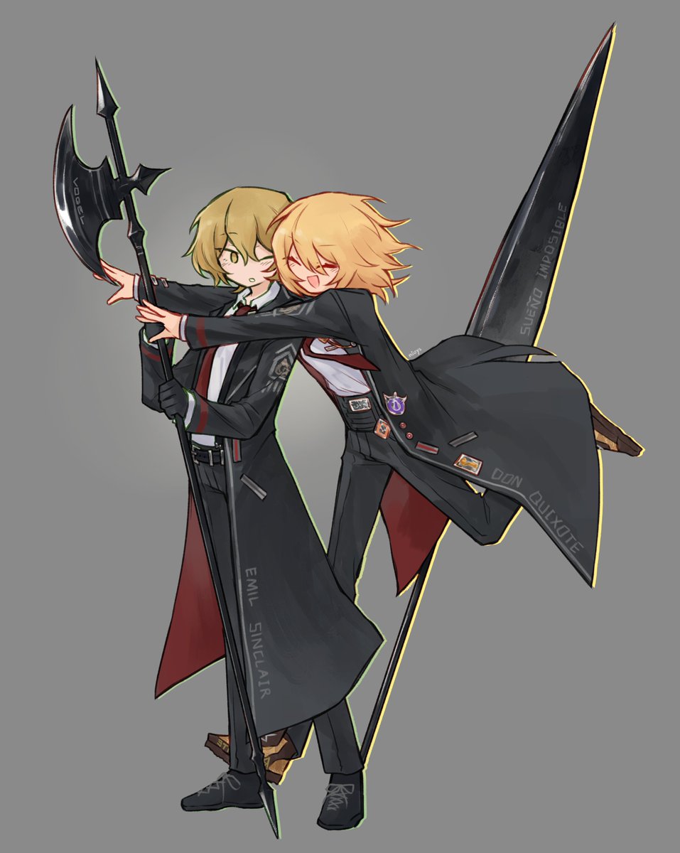 1boy, 1girl, armor, black_gloves, black_pants, black_suit, blonde_hair, cape