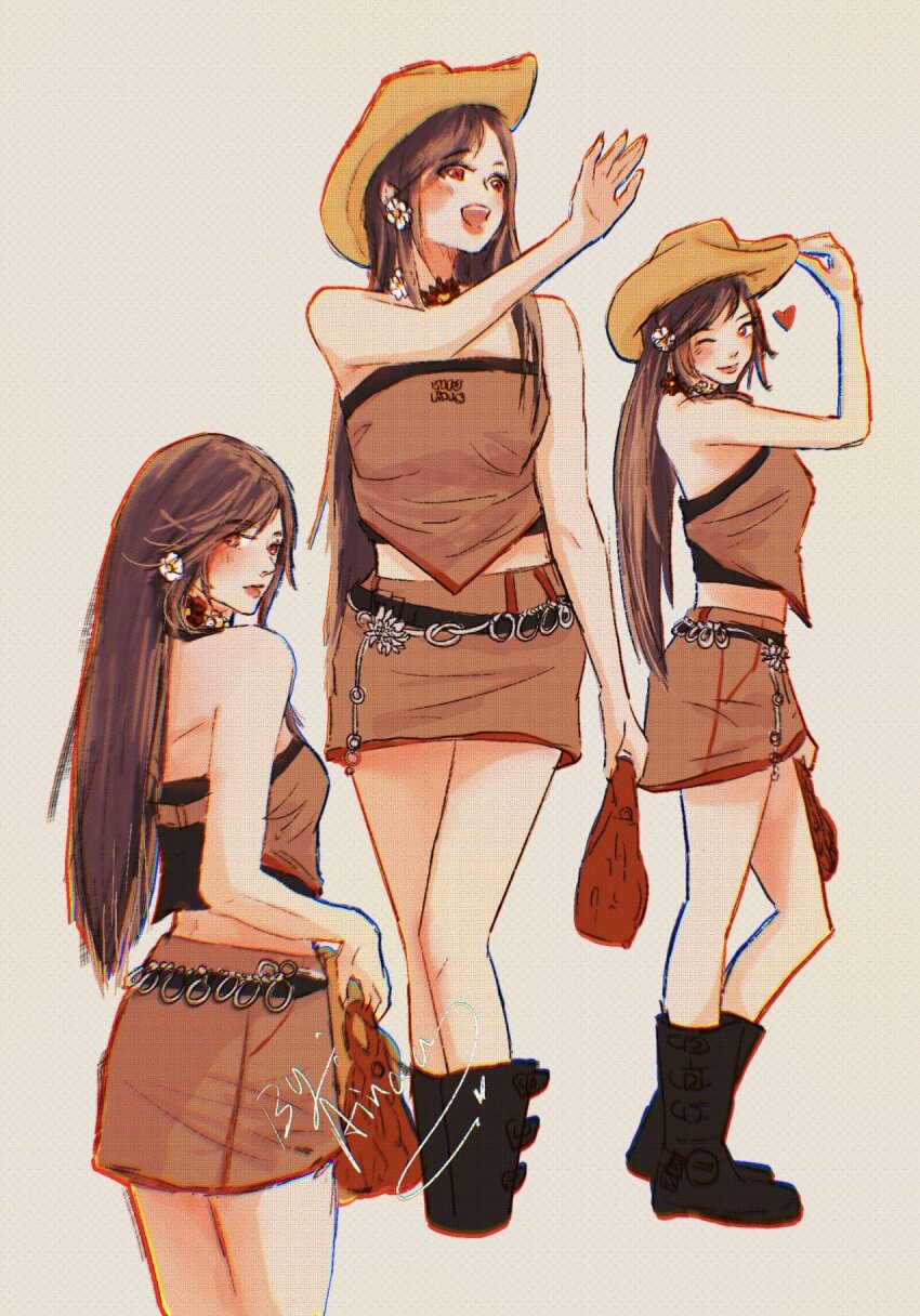 1girl, adjusting_clothes, adjusting_headwear, bag, bare_arms, bare_legs, bare_shoulders, belt, ben-day_dots, black_boots, black_hair, blush, boots, breasts, brown_hair, brown_hat, brown_shirt, brown_skirt, choker, closed_mouth, commentary, cosplay, cowboy_hat, cowboy_shot, crop_top, earrings, english_commentary, final_fantasy, final_fantasy_vii, flower_choker, flower_earrings, from_behind, from_side, full_body, handbag, hat, heart, highres, holding, holding_bag, ive_(group), jang_wonyoung_(cosplay), jewelry, long_hair, looking_at_viewer, looking_back, looking_to_the_side, medium_breasts, midriff_peek, miniskirt, multiple_views, one_eye_closed, open_mouth, photo-referenced, red_eyes, screentones, shirt, signature, skirt, smile, standing, strapless, swept_bangs, tifa_lockhart, tifa_lockhart_(cowgirl), waving, jang_wonyoung, xainaa
