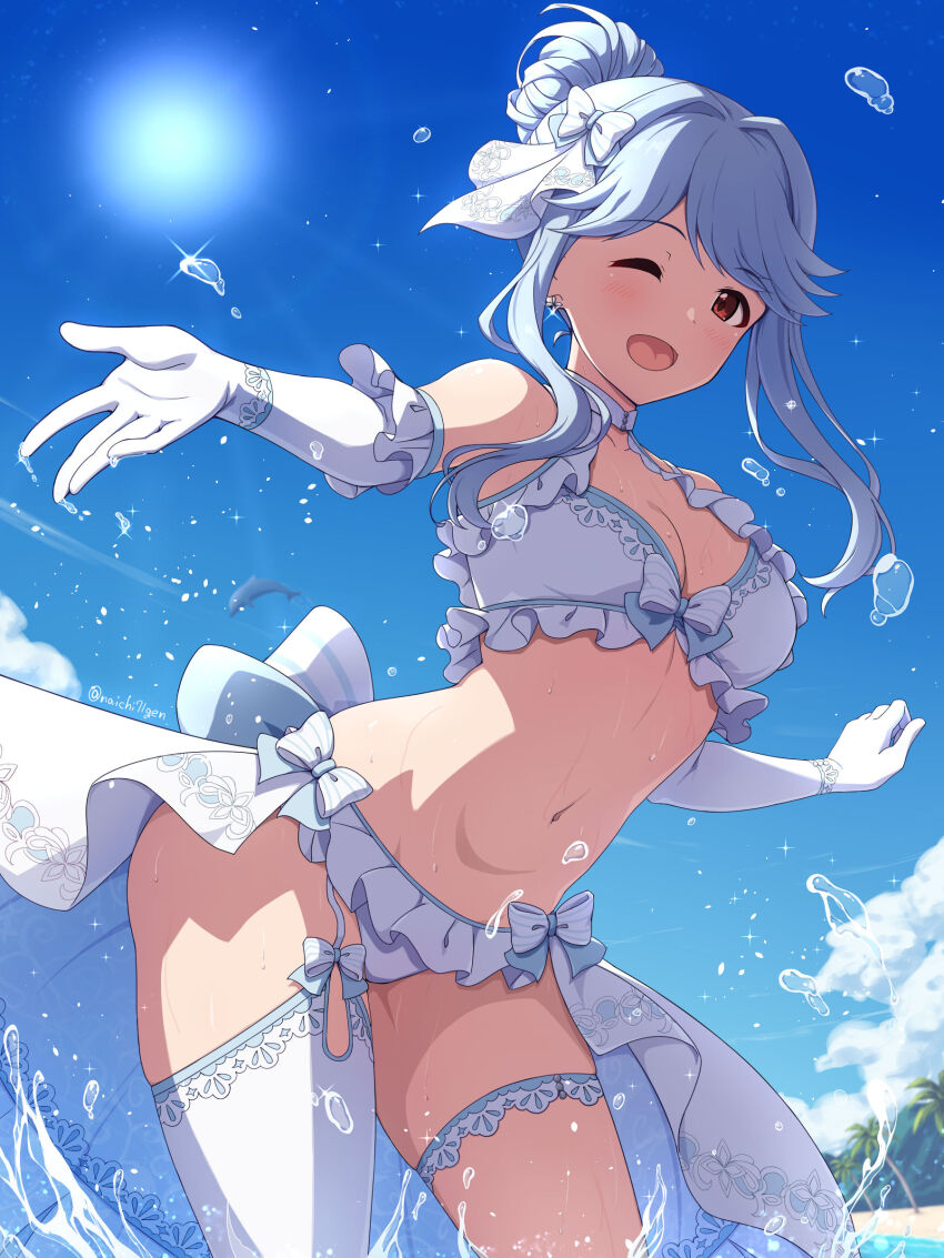 1girl, :d, absurdres, asymmetrical_bangs, beach, bikini, bikini_skirt, blue_hair