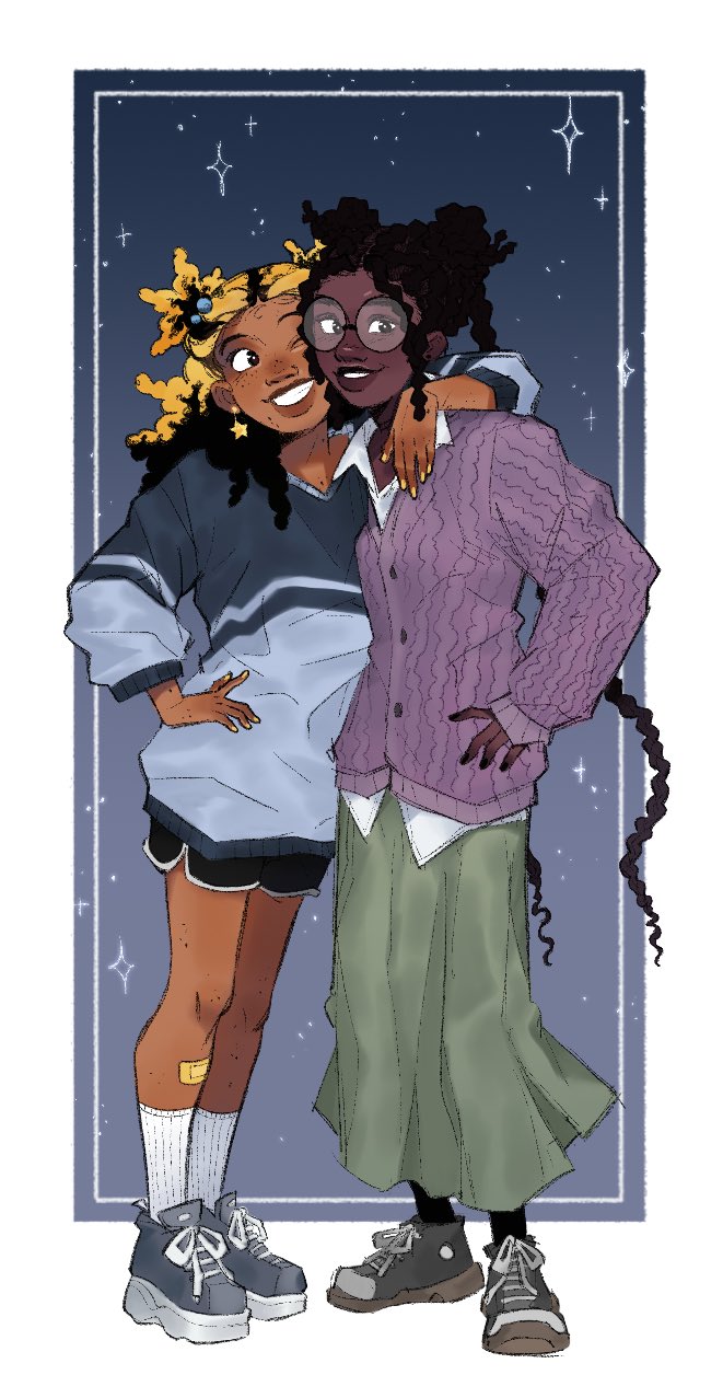 2girls, aika_(kiana_mai), black_hair, blonde_hair, dark-skinned_female, dark_skin, freckles, glasses