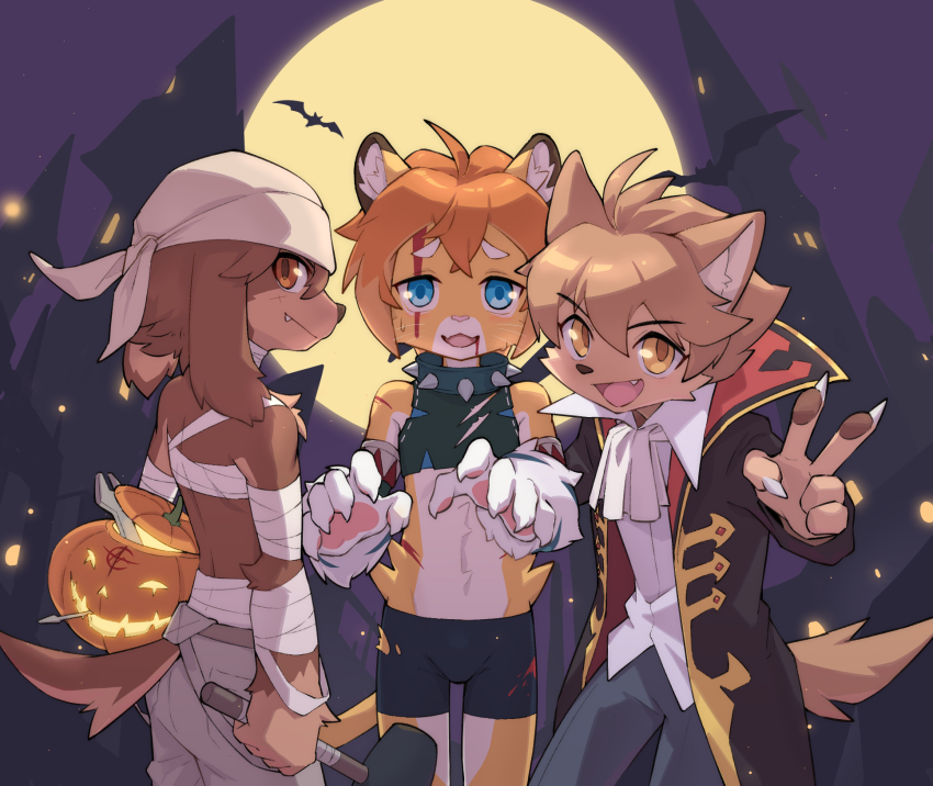 3boys, animal_ears, bandana, blood, blood_on_face, claws, closed_mouth, collar