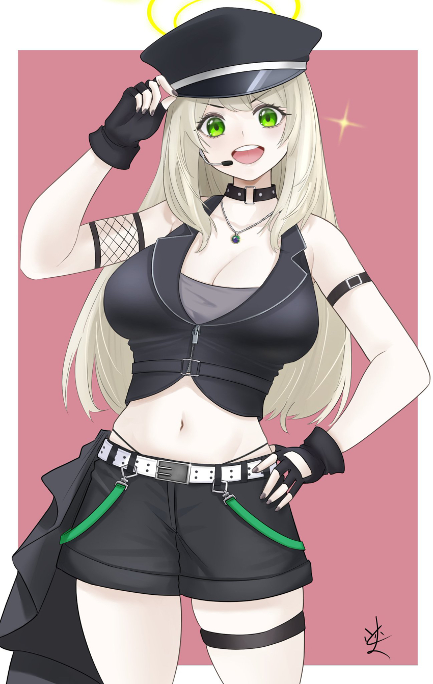 1girl, :d, adjusting_clothes, adjusting_headwear, alternate_costume, black_choker, black_gloves, black_hat, black_nails, black_shirt, black_shorts, blonde_hair, blue_archive, breasts, choker, cleavage, commentary_request, cowboy_shot, crop_top, fingerless_gloves, gloves, green_eyes, halo, hand_on_own_hip, hand_up, hat, highres, idol_clothes, jewelry, large_breasts, long_hair, looking_at_viewer, microphone, midriff, nail_polish, navel, necklace, nonomi_(blue_archive), open_mouth, panty_straps, peaked_cap, pink_background, shirt, short_shorts, shorts, simple_background, skindentation, sleeveless, sleeveless_shirt, smile, solo, sparkle, teeth, thigh_strap, tonakai-san_(107569oekaki), v-shaped_eyebrows, yellow_halo
