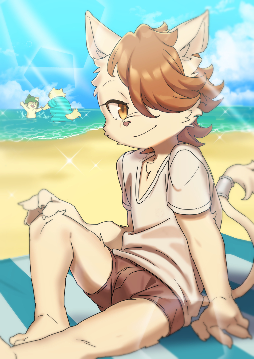 3boys, animal_ears, barefoot, beach, blue_sky, boron_brioche, brown_shorts, cat_boy