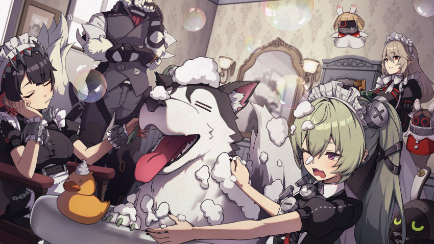 1boy, 3girls, alexandrina_sebastiane, anastella_(zenless_zone_zero), apron, bangboo_(zenless_zone_zero), bathtub, black_dress, black_hair, black_nails, candy, closed_eyes, corin_wickes, dog, dress, drusilla_(zenless_zone_zero), earclip, ellen_joe, food, frilled_wrist_cuffs, frills, furry, furry_male, green_hair, grey_hair, hair_between_eyes, head_rest, highres, holding, holding_brush, howl_(zenless_zone_zero), indoors, lollipop, maid, maid_headdress, mirror, multiple_girls, one_eye_closed, puffy_short_sleeves, puffy_sleeves, purple_eyes, red_eyes, red_nails, rubber_duck, ryuudog, screw_hair_ornament, short_sleeves, sitting, soap_bubbles, standing, vest, von_lycaon, washing_animal, wrist_cuffs, zenless_zone_zero