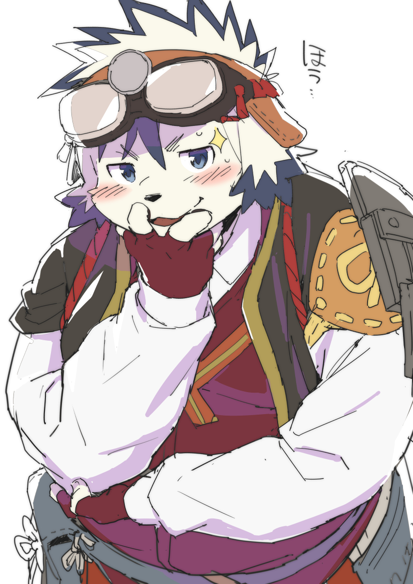 1boy, animal_ears, blue_eyes, blush, commentary, dog_boy, dog_ears, fingerless_gloves