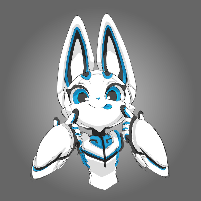 1boy, 2016, :p, absurdres, animal_ears, blue_eyes, chinese_commentary, closed_mouth, cloud_the_robot_rabbit, colored_skin, commentary, electric_hearts, english_commentary, furry, furry_male, highres, joints, krita_(medium), looking_at_viewer, making_faces, original, portrait, rabbit, rabbit_boy, rabbit_ears, rabbit_tail, robot, robot_joints, signature, simple_background, smile, tail, tongue, tongue_out, tyson_tan, white_skin