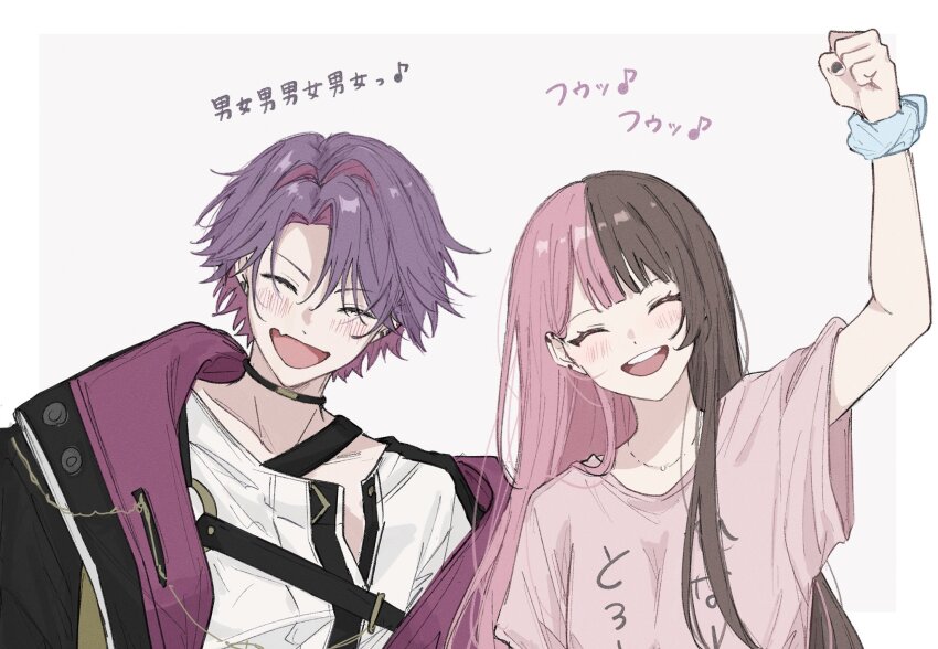 1boy, 1girl, :d, ^_^, arm_up, black_choker, black_jacket, black_nails