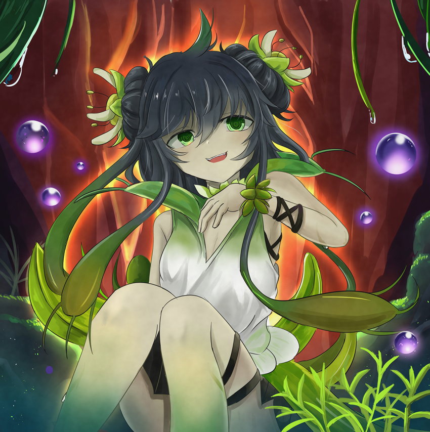 1girl, ahoge, ancha_(itea111), black_hair, breasts, double_bun, duel_monster, flower, green_eyes, hair_bun, hair_flower, hair_ornament, long_hair, looking_up, monster_girl, open_mouth, plant, plant_girl, sitting, sleeveless, smile, solo, teeth, thighs, traptrix_vesiculo, upper_teeth_only, wrist_cuffs, yu-gi-oh!