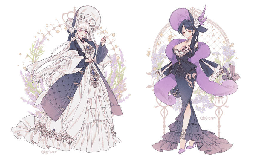2girls, ankle_wrap, bare_shoulders, black_coat, black_collar, black_hair, black_hat, black_headdress, blue_flower, blue_gemini_wing, blunt_bangs, breasts, brooch, chest_tattoo, cleavage, coat, collage, collar, dress, earrings, embroidery, eyeliner, fashion, floral_background, flower, frilled_dress, frills, full_body, gold_choker, hat, high_heels, huge_breasts, jewelry, lemon89h, lilac, long_dress, long_hair, looking_at_viewer, makeup, mole, mole_under_eye, multiple_girls, off-shoulder_dress, off_shoulder, original, parted_bangs, pink_eyeliner, pink_nails, purple_eyes, purple_flower, purple_shawl, purple_shorts, red_lips, shawl, shorts, side_ponytail, sidelocks, sleeves_past_wrists, standing, sun_hat, tattoo, white_dress, white_hair, white_shawl, wide_sleeves, yellow_eyes