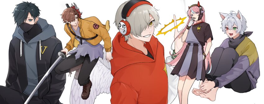 1girl, 4boys, :d, absurdres, ahoge, animal_ears, arisakaaa_(crazy_raccoon), bandana