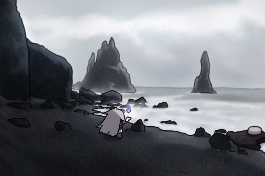 1girl, back, beach, bing_huyue, black_sand, facing_away, gem, grey_sky, hair_flaps, hand_jewel, highres, hololive, hololive_english, iceland, koseki_bijou, koseki_bijou_(1st_costume), long_hair, pebble_(koseki_bijou), purple_gem, purple_hair, purple_shoes, real_world_location, reynisfjara, shoes, sky, standing, virtual_youtuber