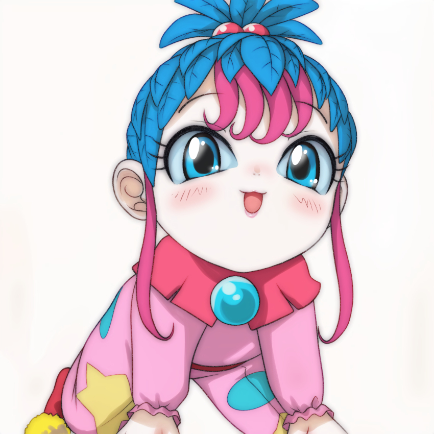 1girl, :3, all_fours, bikkuriman, blue_eyes, blue_gem, blue_hair, blush, bodysuit, clown, feather_hair, gem, hair_bobbles, hair_ornament, highres, looking_at_viewer, multicolored_hair, open_mouth, pink_bodysuit, pink_hair, polka_dot, polka_dot_bodysuit, pom_pom_(clothes), print_bodysuit, pucci_orin, red_shoes, shoes, short_hair, smile, star_(symbol), star_print, t_jiroo_(ringofriend), topknot, two-tone_hair, white_background