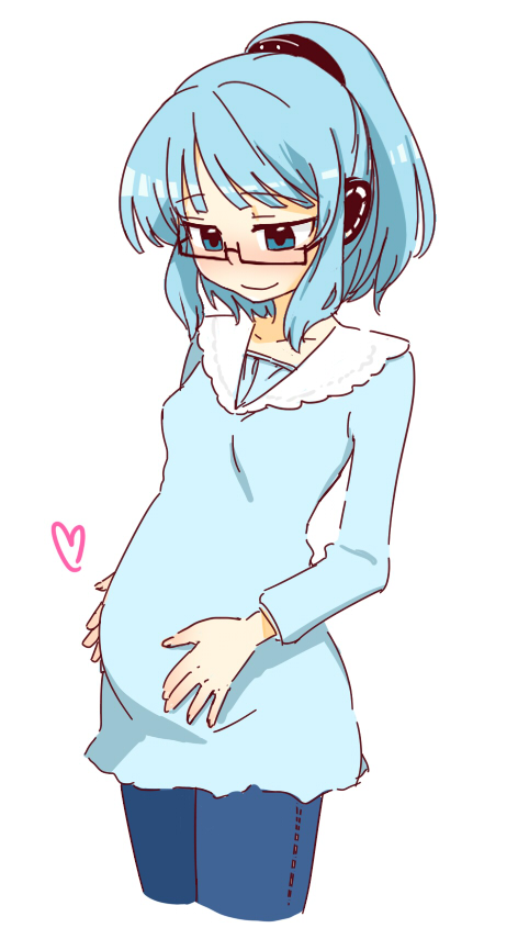1girl, aqua_dress, bifuka_fubu, blue_hair, dress, pregnant, station_memories