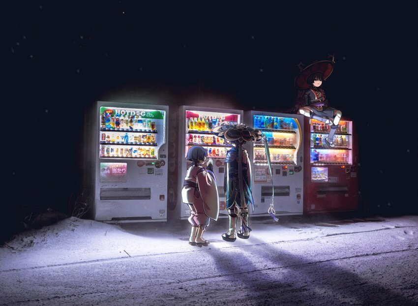 3boys, arm_at_side, armor, begging, black_bodysuit, black_bridal_gauntlets, black_eyes, black_hair