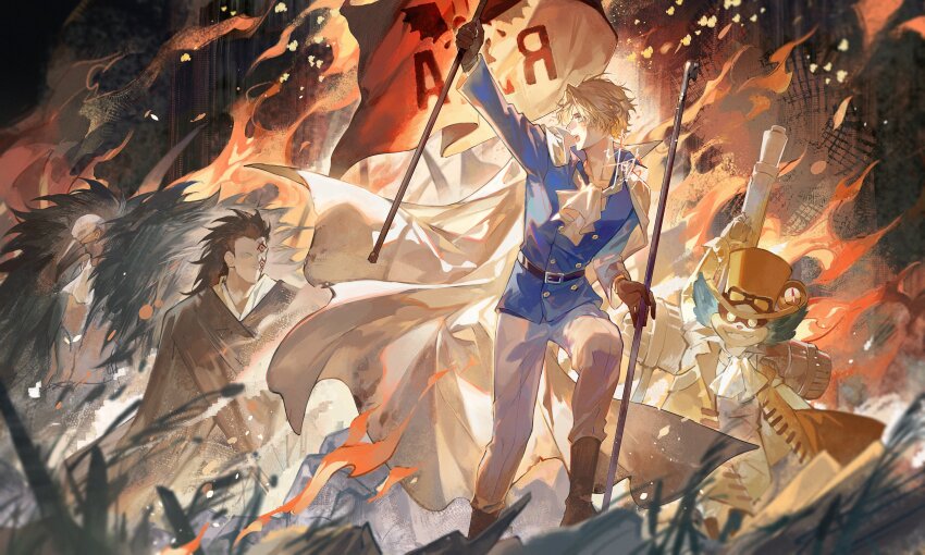 4boys, absurdres, ascot, bald, black_hair, blonde_hair, blue_hair, blue_shirt