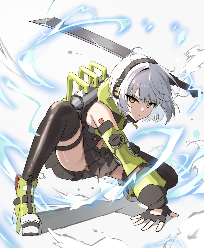 1girl, absurdres, anby_demara, black_hair, black_hoodie, black_skirt, closed_eyes, fingerless_gloves