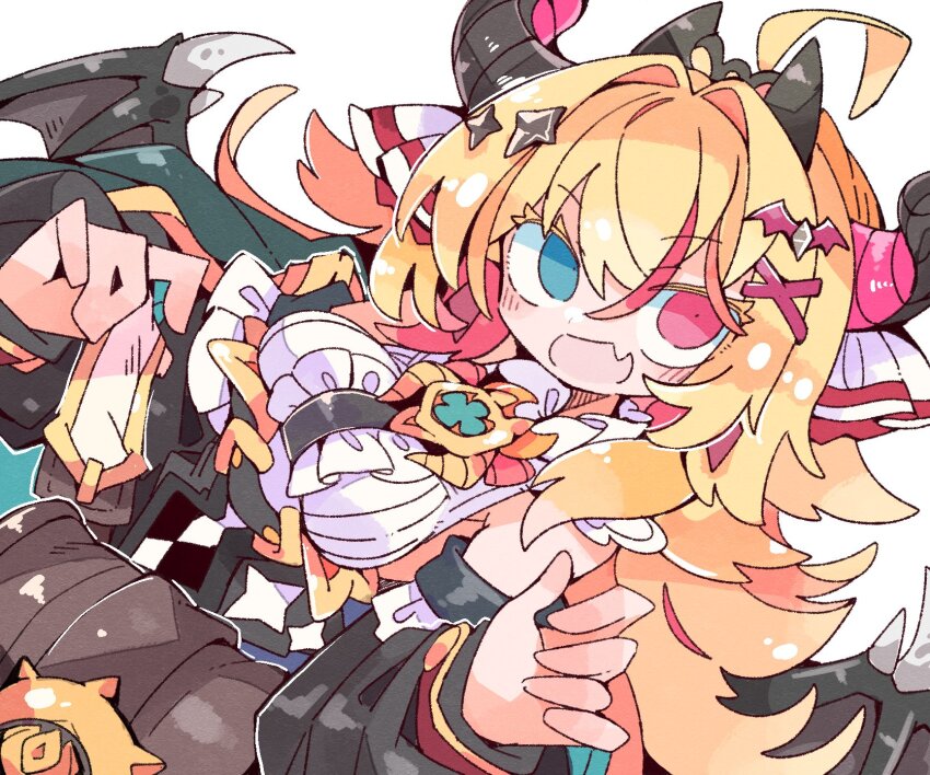 1girl, :d, ahoge, black_sleeves, blonde_hair, blue_eyes, blush, breasts