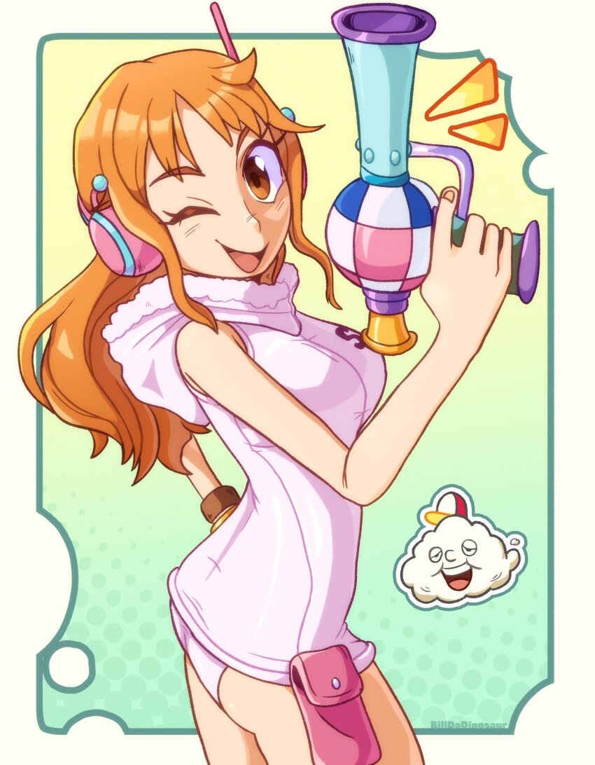 1girl, absurdres, belt_bag, billdadinosaur, bracelet, breasts, brown_eyes, cloud