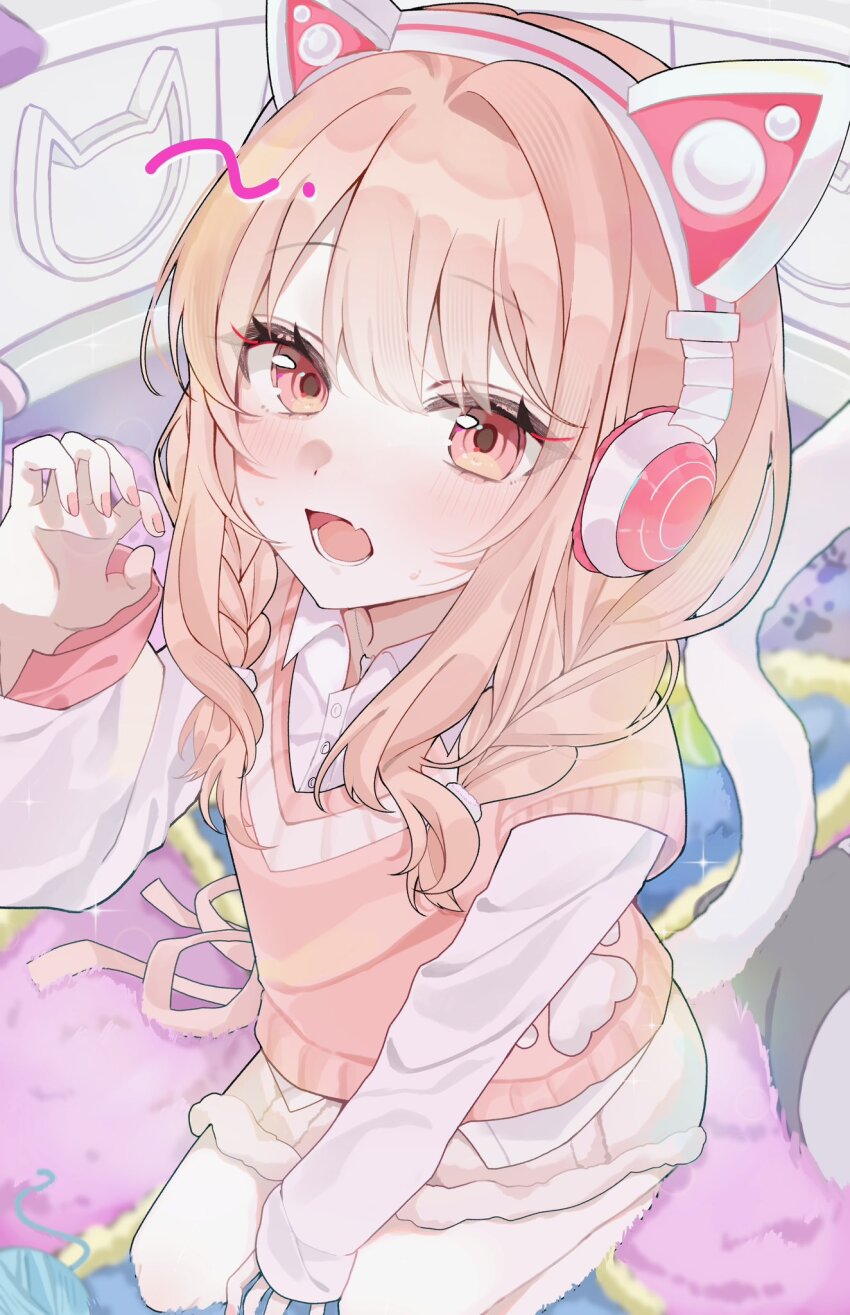 1other, akiyama_mizuki, animal_ear_headphones, animal_ears, bare_legs, blush, braid, cat_tail