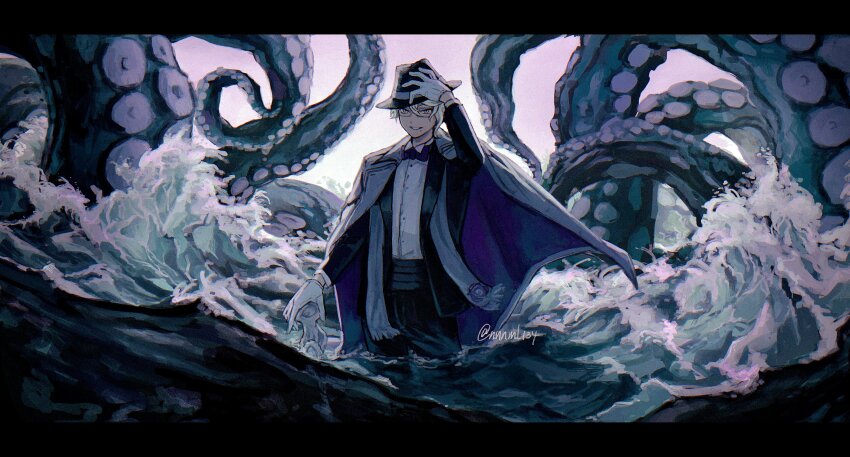 1boy, absurdres, azul_ashengrotto, black_hat, black_jacket, black_pants, cane, collared_shirt