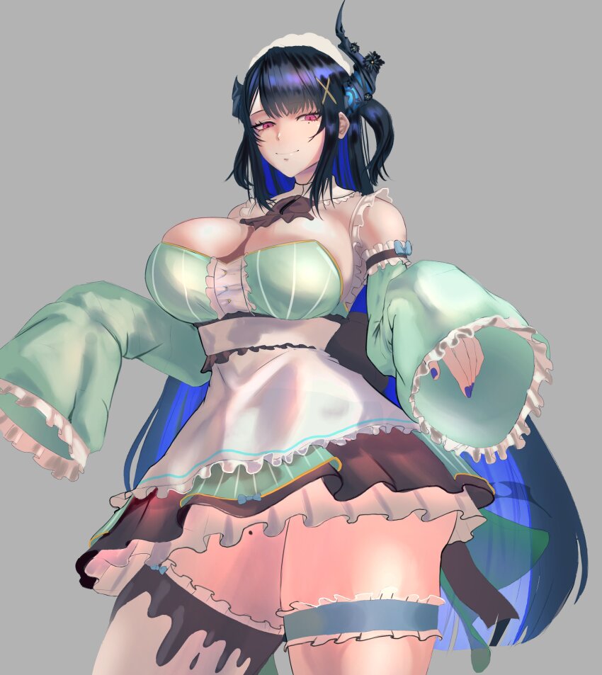 absurdres, black_hair, brasileiroo, breasts, broken_horn, cleavage, cosplay, costume_switch