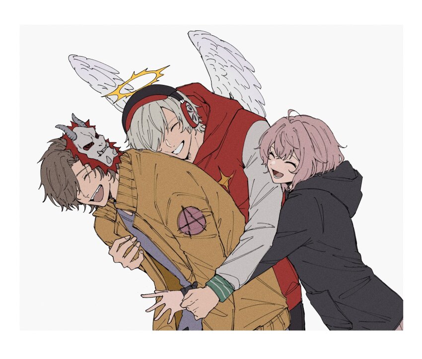 1girl, 2boys, :d, ^_^, ahoge, arisakaaa_(crazy_raccoon), black_hoodie, blush