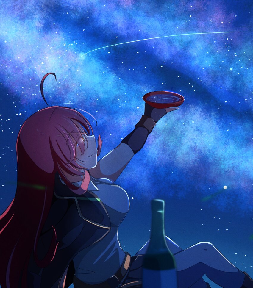 ahoge, alcohol, asami_makiko_(heaven_burns_red), breasts, heaven_burns_red, highres, jacket, jacket_on_shoulders, kamakamapoke, night, red_hair, sake, shirt, sky, star_(sky), starry_sky, white_shirt, yellow_eyes