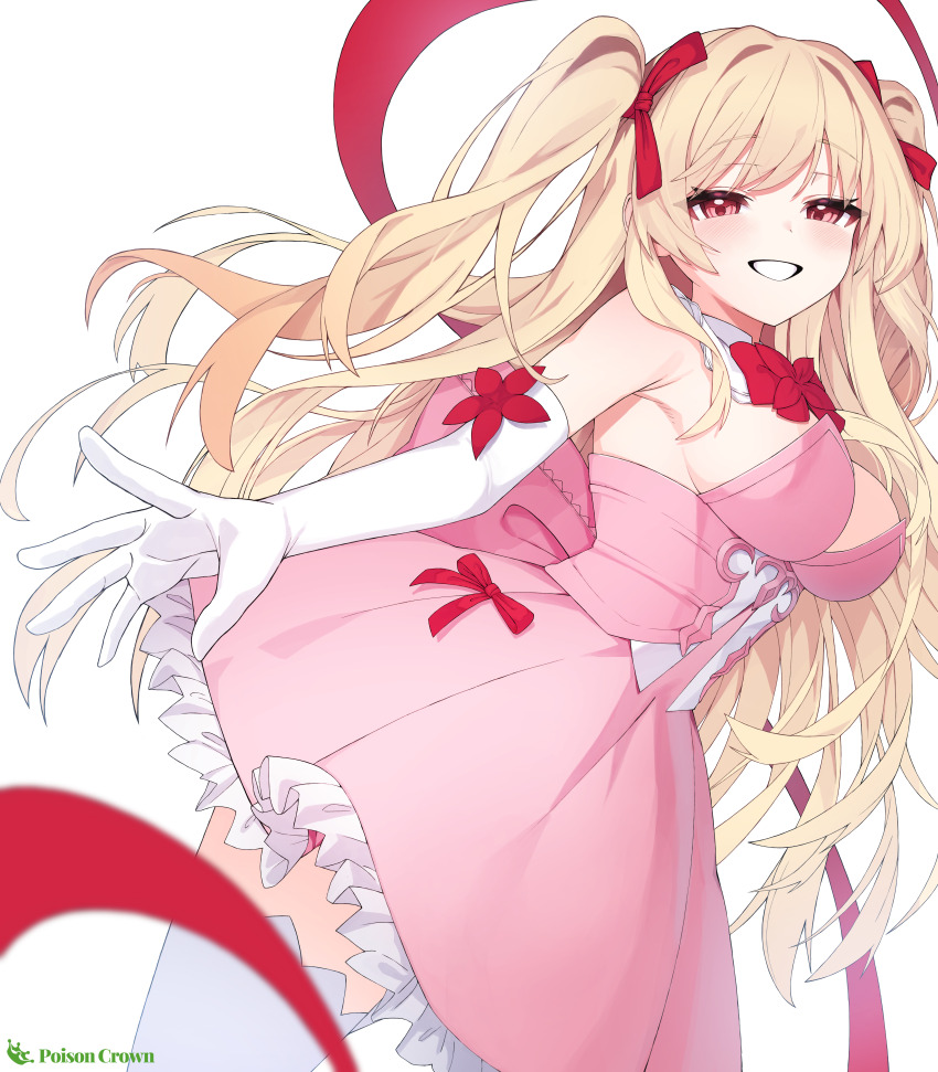 1girl, absurdres, armpit_crease, artist_logo, artist_name, back_bow, bare_shoulders, blonde_hair