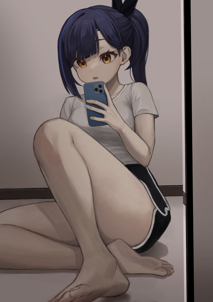 1girl, absurdres, asymmetrical_hair, bare_legs, barefoot, black_shorts, blue_hair, blunt_bangs, breasts, cellphone, character_request, crossed_ankles, dolphin_shorts, hand_up, highres, holding, holding_phone, indoors, isegye_idol, knee_up, legs, long_hair, medium_breasts, mirror_selfie, multicolored_hair, open_mouth, parted_bangs, phone, poisoncrown01, selfie, shirt, short_sleeves, shorts, side_ponytail, single_sidelock, sitting, smartphone, solo, streaked_hair, t-shirt, white_shirt, yellow_eyes