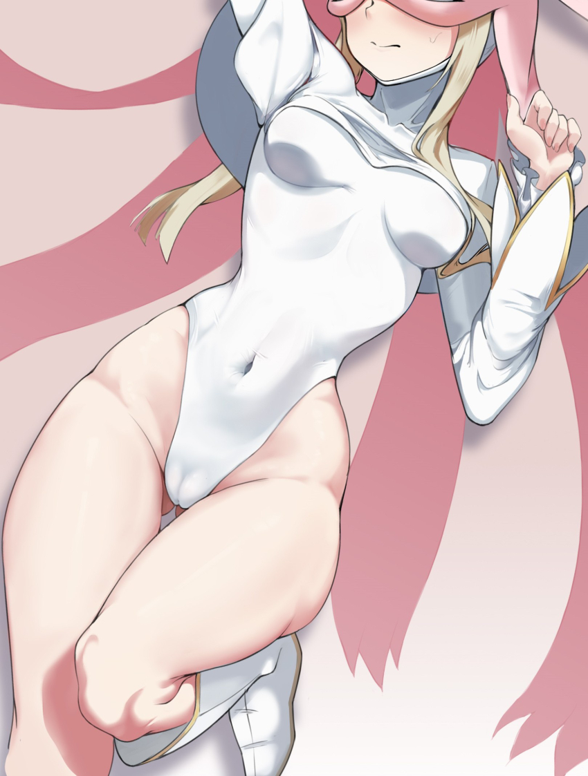 1girl, adapted_costume, animal_hood, arm_up, blonde_hair, boots, breasts, chinese_commentary